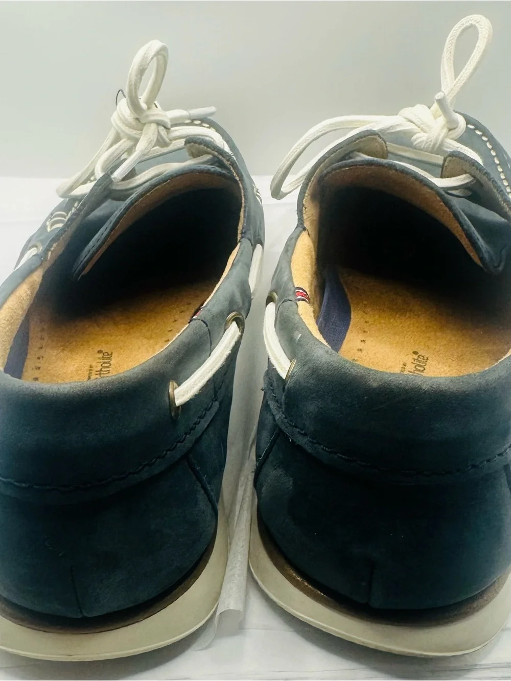Florsheim Atlantic Navy Leather Moc Toe Boat Shoes with White Laces Size 8.5